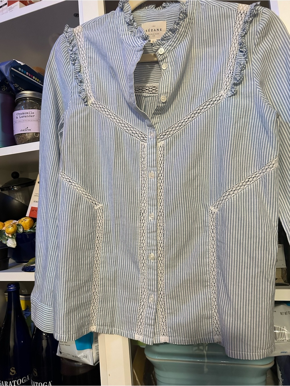 Cute $250 Sezane Blue White Stripe Lace Trim Ruffle Collar Shoulders Button Down - Picture 5 of 10